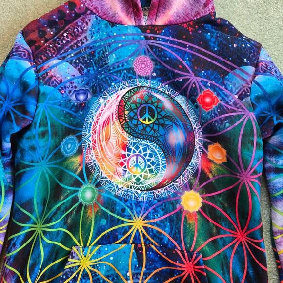 Yes We Vibe Groovy Chakra Peace Hoodie size Large Tunic Length Kangaroo Pocket - Picture 2 of 10